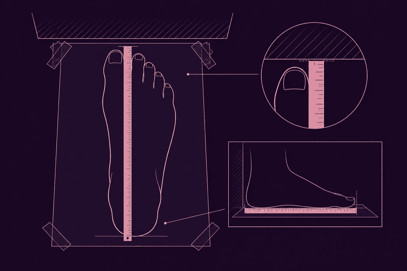 Overhead illustration of a foot on paper against a wall with a millimetre rule from heel to longest toe