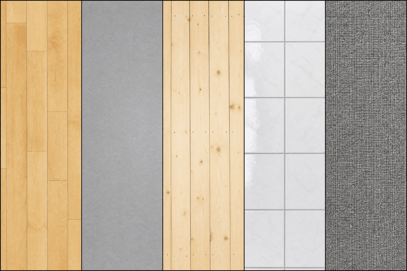Five dance floor surfaces photographed flat as material swatches: sprung maple, marley, plain wood, tile and carpet