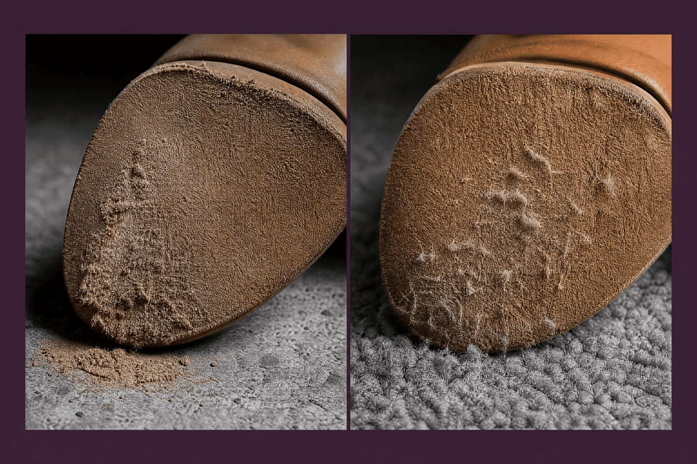Left: a suede sole abraded against concrete. Right: a suede sole snagging in carpet fibres.